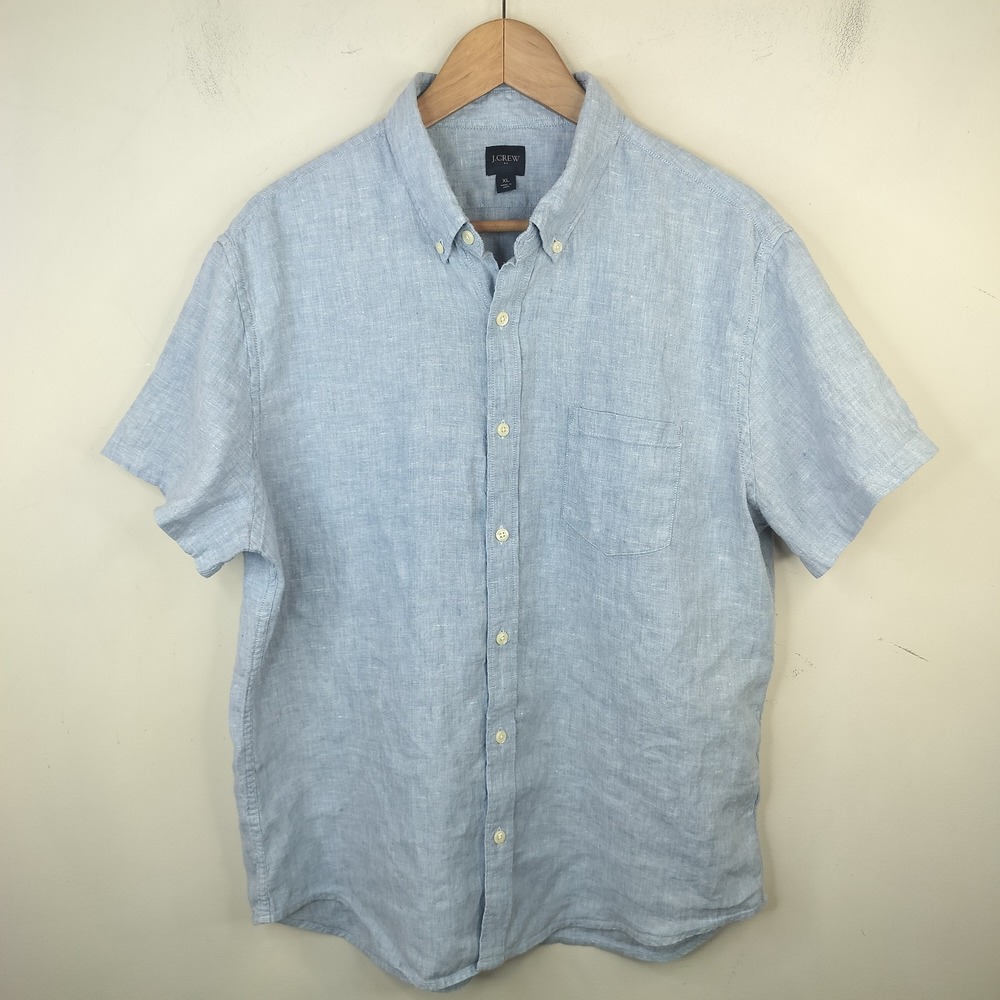 J.Crew Button Down Shirt Mens XL Short Sleeve Linen Blend Coastal Blue